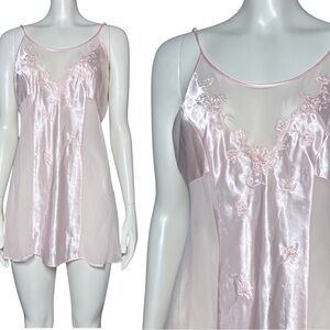 Vintage 90s Y2K Pink Lingerie Slip Dress Sheer Embroidered Beaded M/L Coquette